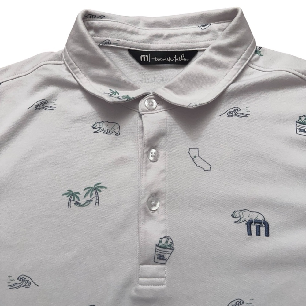 Travis Mathew Polo Shirt Mens Size S Short Sleeve Golf Geometric White